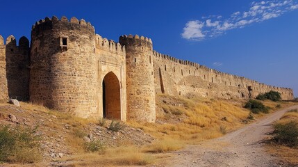 Ancient stone fortress with a gate and a path leading to it.