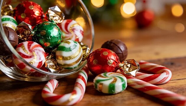 A bowl of festive christmas candies and peppermint swirls on a wooden surface with bokeh holiday lights.