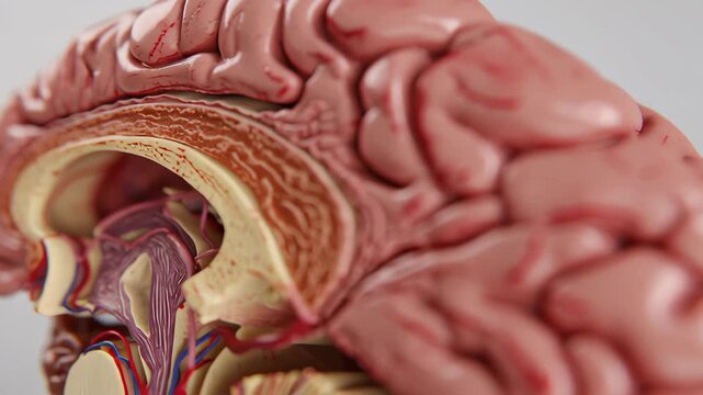Transparent human body motion with brain layers concept. The image showcases detailed anatomical structures of the brain.