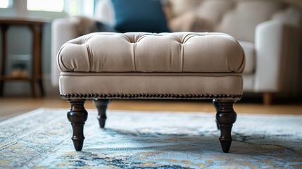 A beige tufted ottoman with dark wooden legs and a dark wooden trim on the top.