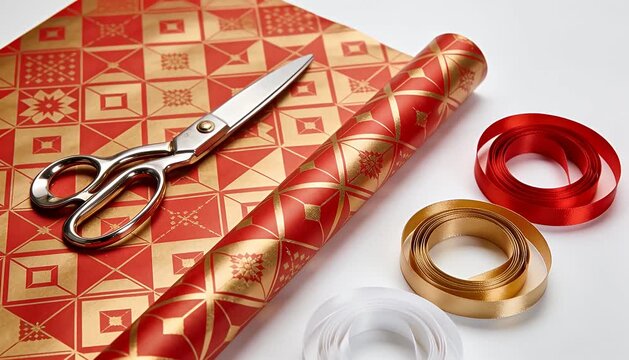Gift wrapping supplies lay flat on a white table including festive red and gold paper, ribbons, and scissors.