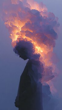 Surreal Silhouette of Woman with Glowing Cloud Mind for Mental Health and Burnout Concept