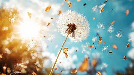 A dandelion seed head with floating seeds against a blue sky with scattered clouds.