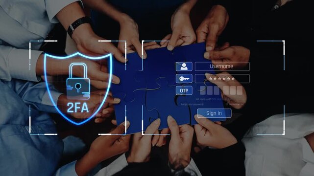 A vibrant scene showing diverse hands coming together to solve a puzzle, symbolizing collaboration. A 2FA shield icon highlights the importance of cybersecurity in online interactions. Raster