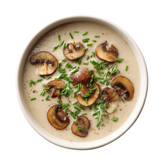 Creamy mushroom soup with bread, featuring a mushroom puree with slices of mushrooms on top. Served in bowl on a wooden background.