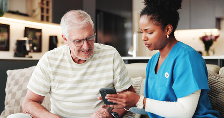 Caregiver, help or old man on sofa with phone, guidance or learning on wellness app. Digital,...
