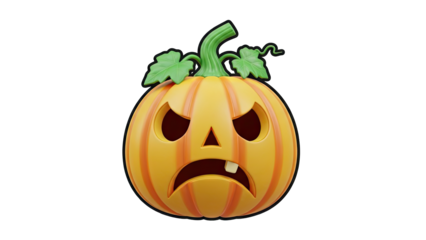 Angry Orange Halloween Pumpkin Character with Green Stem and Jagged Mouth Detailed 3D Rendering Transparent Background