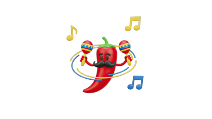 Animated Red Chili Pepper Character With Black Mustache Playing Maracas And Dancing With Musical Notes On A Transparent Background