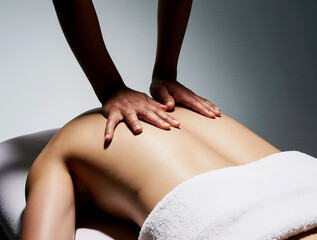 A woman receiving a professional relaxation back massage in a serene spa room with soft lighting and towels