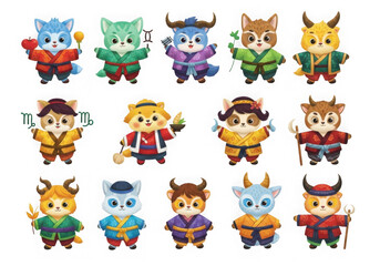 Adorable asian animals in traditional costumes and zodiac signs