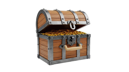 Antique Wooden Treasure Chest Overflowing With Golden Coins Isolated On Transparent Background High Detail Realistic Rendering