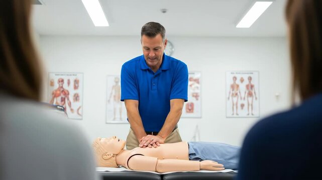 Caucasian man instructor demonstrating cardiopulmonary resuscitation on a medical mannequin to a woman for cpr training
