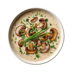 Creamy mushroom soup with bread, featuring a mushroom puree with slices of mushrooms on top. Served in bowl on a wooden background.