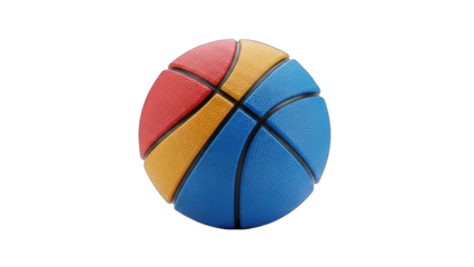 Artistic Basketball with Red Yellow and Blue Panels Isolated on Transparent Background with Detailed Texture