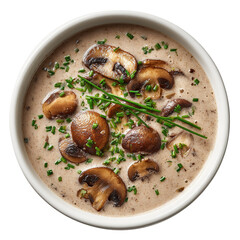 Creamy mushroom soup with bread, featuring a mushroom puree with slices of mushrooms on top. Served in bowl on a wooden background.