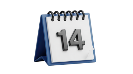 Blue Spiral Bound Desk Calendar Showing the Number 14 on a White Page with a Transparent Background