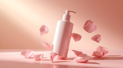 Elegant pink skincare bottle with scattered petals, a beautiful representation of beauty and self-care