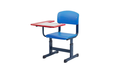 Blue Student Desk Chair With Red Trimmed Writing Tablet Isolated On Transparent Background For Easy Compositing