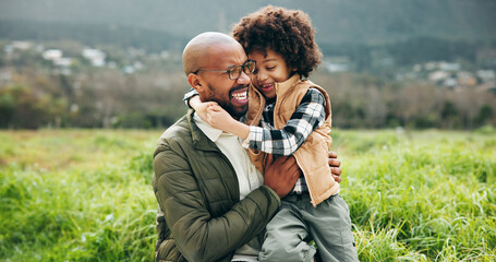 Smile, dad and son in nature with hug, bonding together or fresh air on outdoor walk. Happiness, security or people in park with embrace, support and family activity in healthy relationship.