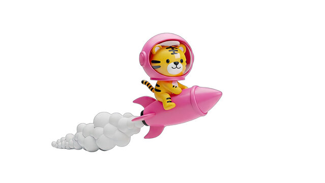 Adorable cartoon tiger astronaut in a pink helmet and suit rides a pink rocket blasting through white smoke trails against a transparent background whimsical space adventure concept - Powered by Adobe