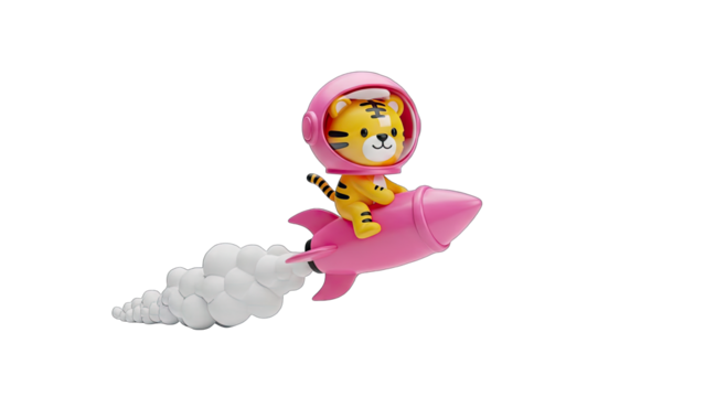 Adorable cartoon tiger astronaut in a pink helmet and suit rides a pink rocket blasting through white smoke trails against a transparent background whimsical space adventure concept - Powered by Adobe
