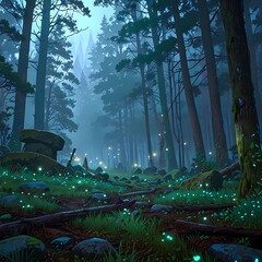 Bioluminescent Fantasy Forest with Glowing Mist
