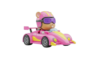 Adorable Hamster in Pink Racing Suit Helmet and Goggles Driving a Pink Race Car on Transparent Background Animated Style Fun Cartoon Character