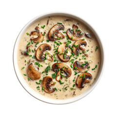 Creamy mushroom soup with bread, featuring a mushroom puree with slices of mushrooms on top. Served in bowl on a wooden background.