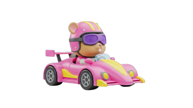 Adorable Hamster in Pink Racing Suit Helmet and Goggles Driving a Pink Race Car on Transparent Background Animated Style Fun Cartoon Character - Powered by Adobe