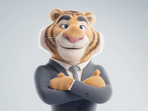 A confident 3d animated tiger character smiling and crossing his arms in a grey business suit