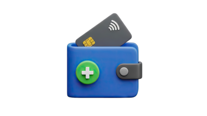 Blue Digital Wallet with Credit Card and Green Plus Icon on Transparent Background Representing Financial Services and Digital Payments