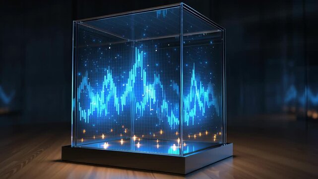 Blue finance business graph chart concept. A futuristic display showcasing data visualization trends in a glass cube format.