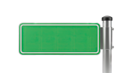 Blank Green Road Sign on Metal Pole Isolated Transparent Background No Text Directional Signage Information Symbol Empty Placeholder