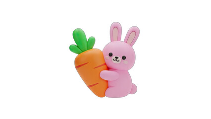 Adorable Pink 3D Rendered Bunny Character with Big Orange Carrot on Transparent Background Whimsical and Playful Design