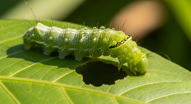 Green caterpillar with black markings eating a leaf in sunlight