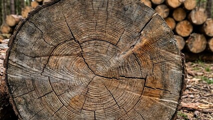 Fototapeta premium Detailed cross-section of a freshly cut tree trunk revealing intricate annual growth rings and natural cracks