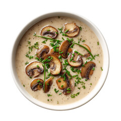 Creamy mushroom soup with bread, featuring a mushroom puree with slices of mushrooms on top. Served in bowl on a wooden background.