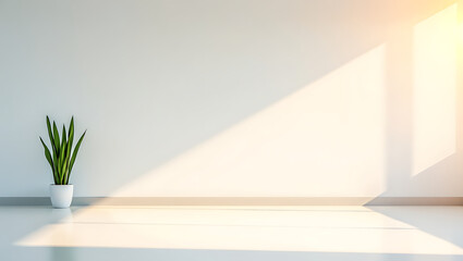 Empty Minimalist Interior Room with Beige Walls White Floor and Potted Snake Plant in Natural Sunlight