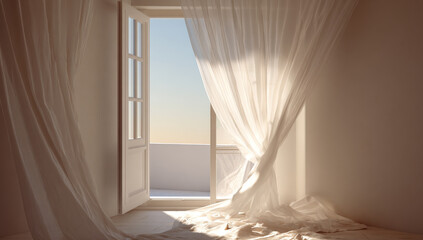 Bright sunlight illuminating a cozy bedroom with flowing white curtains and an open door leading to a balcony