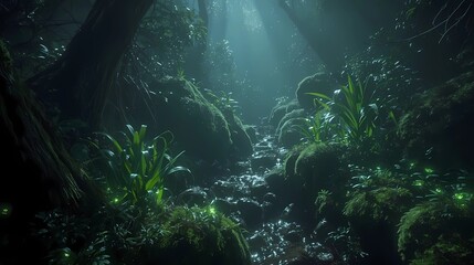 Bioluminescent Fantasy Forest with Glowing Mist
