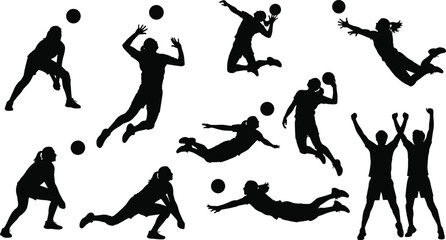 Volleyball player silhouette collection featuring spiking, blocking, diving, sport team game vector illustration set, black and white female athlete character design, isolated on white background