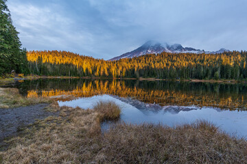 Mount Rainier over Reflection Lake in Autumn Morning, Washington State