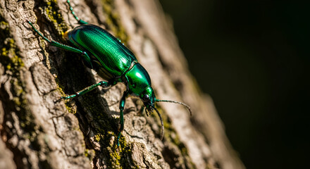Vibrant green beetle crawling on textured tree bark in sunlight