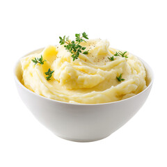 Delicious mashed potatoes with a pat of butter, isolated on a white background, beside crispy potato chips