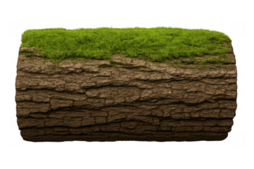 Log segment with green grass and moss growing on ancient bark texture, transparent background