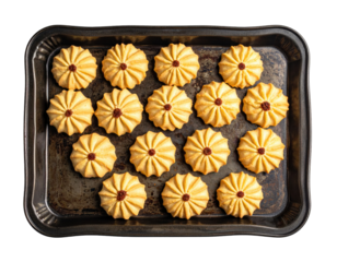 Golden Jam-Filled Cookies Arranged on a Dark, Worn Baking Sheet