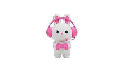 Adorable White Rabbit Character with Pink Headphones and Game Controller on Transparent Background