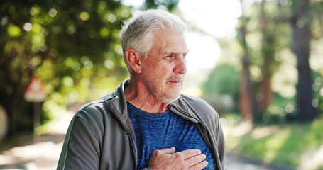 Senior man, heart condition or fitness with cardiac arrest, ache or sore chest in nature. Elderly,...