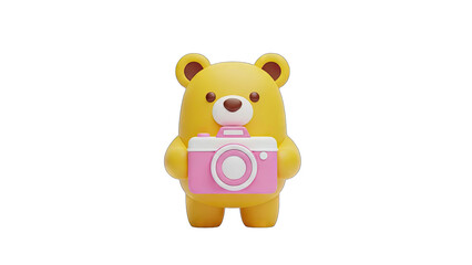 Adorable Yellow 3D Rendered Bear Character With Pink Camera On Transparent Background Holding Photography Equipment