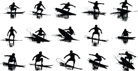 Surfer silhouette vector, surfing poses illustration, water sport action, black surfboard graphic, cad drawing flat vector illustration